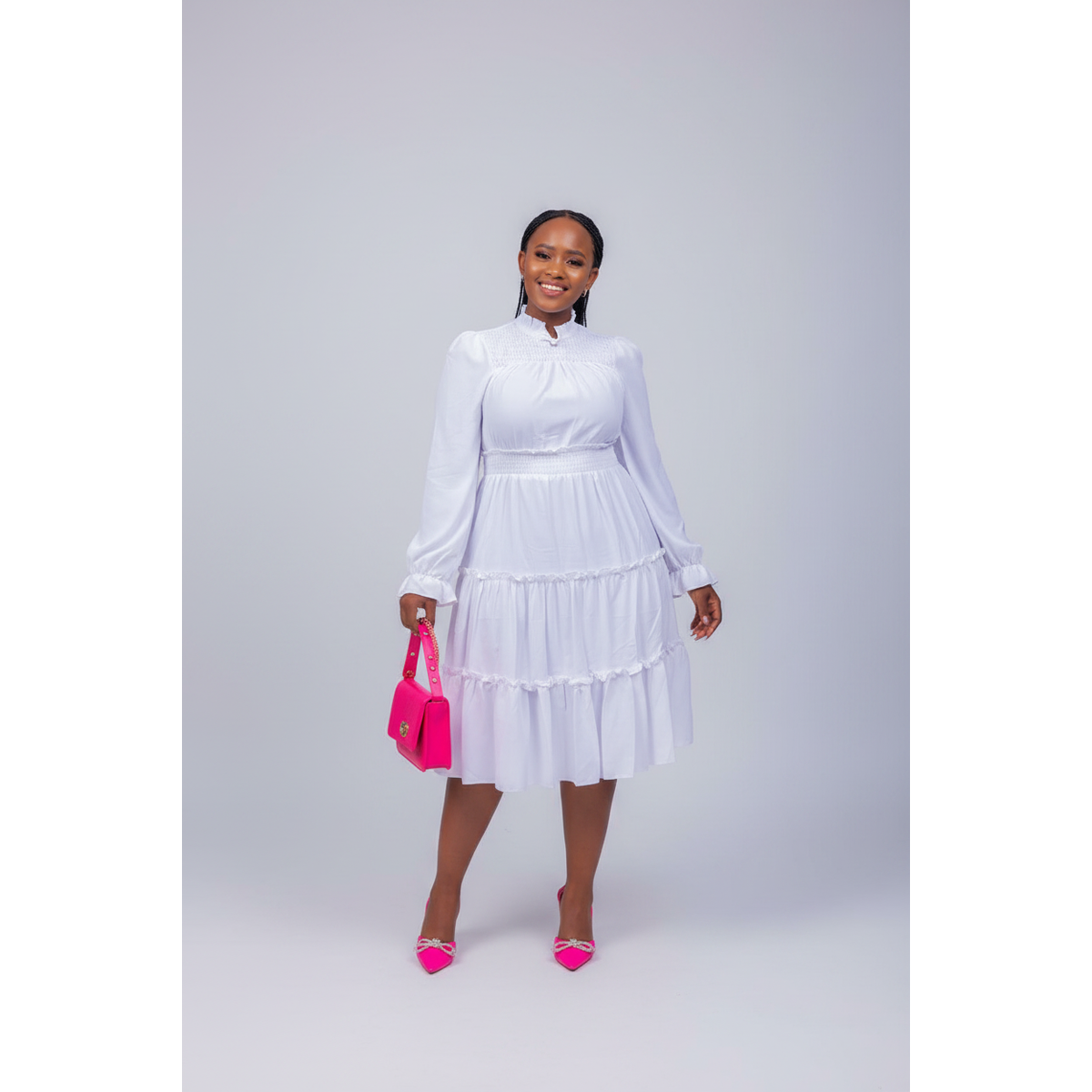 Pleated Long Sleeve Stand Collar Dress