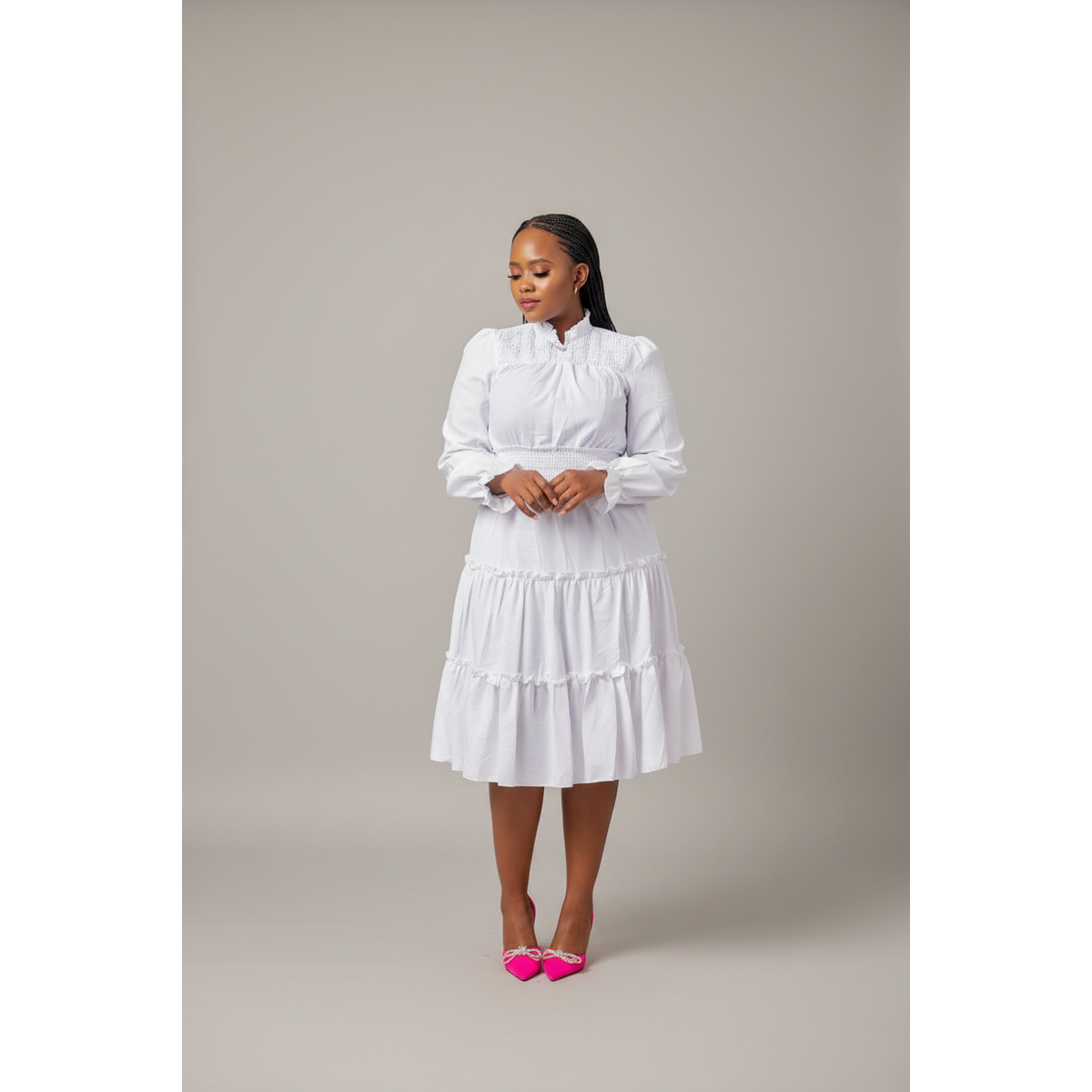 Pleated Long Sleeve Stand Collar Dress