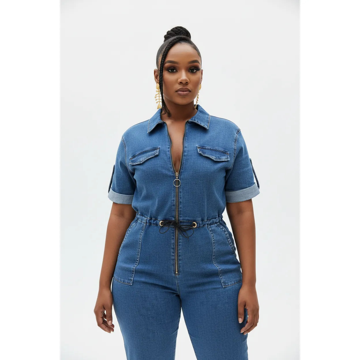 Short Denim Zipper Jumpsuit