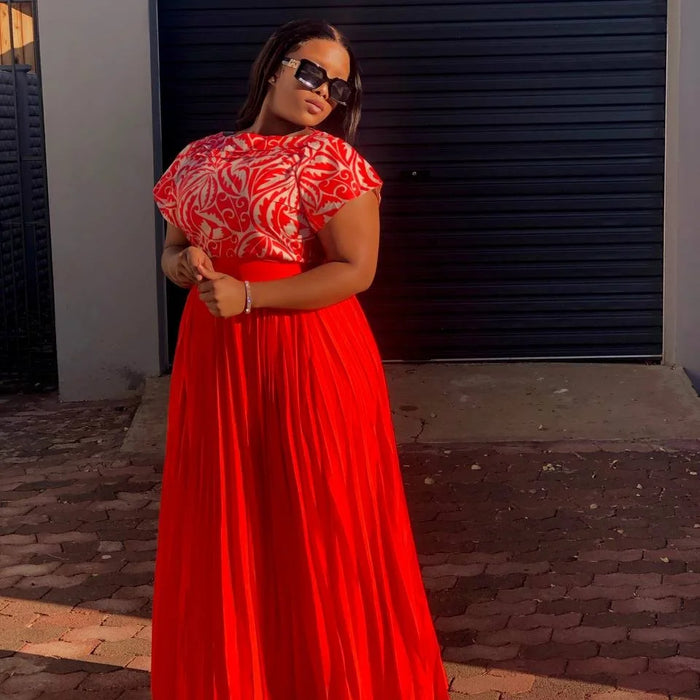 High Waisted Pleated Skirt Short Sleeve Top Set YELLOW SUB TRADING