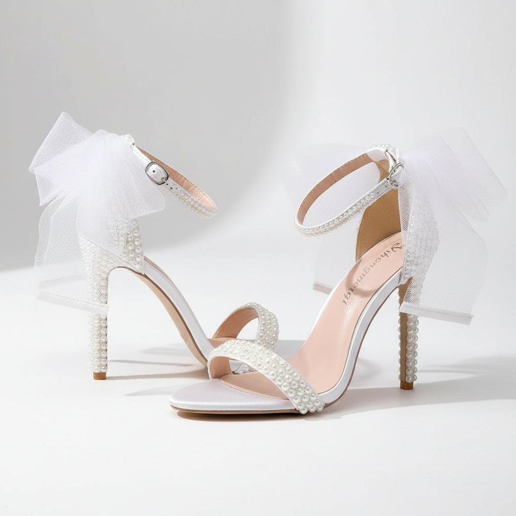 Embellished Ankle Strap Pearl Mesh Bow Heels