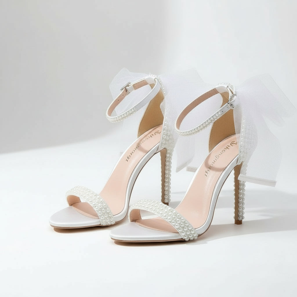 Embellished Ankle Strap Pearl Mesh Bow Heels