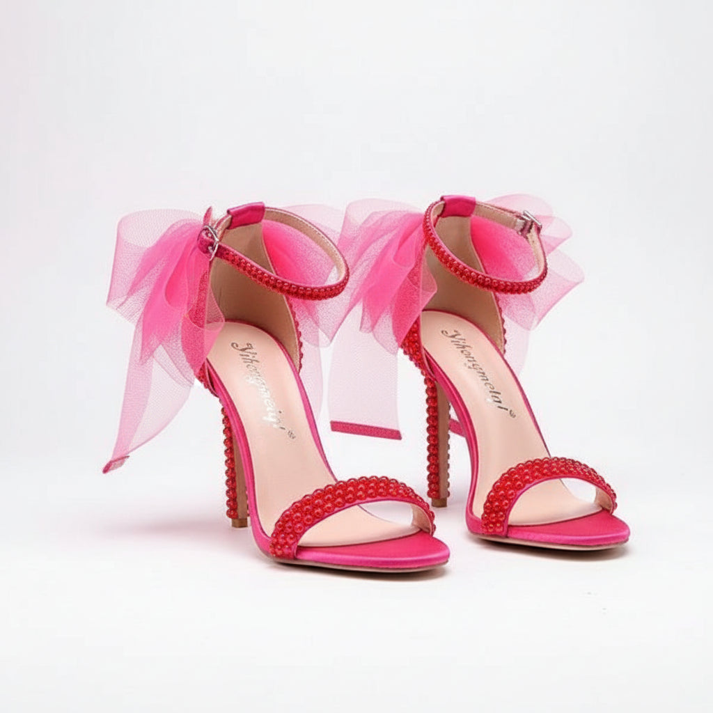 Embellished Ankle Strap Pearl Mesh Bow Heels