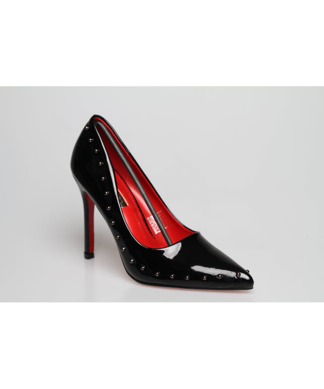 Red Sole Black Patent Rivet High Heel