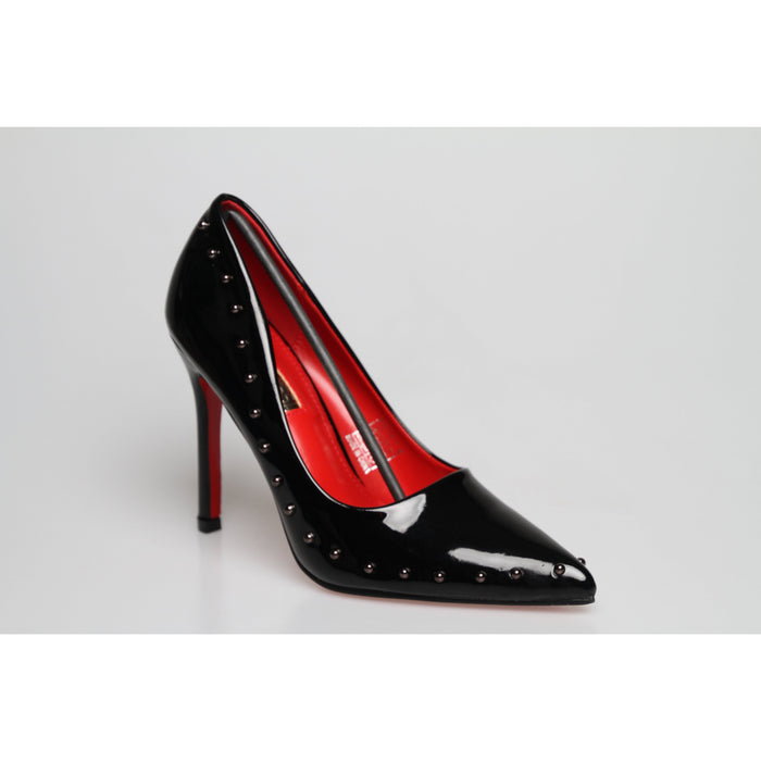 Red Sole Black Patent Rivet High Heel