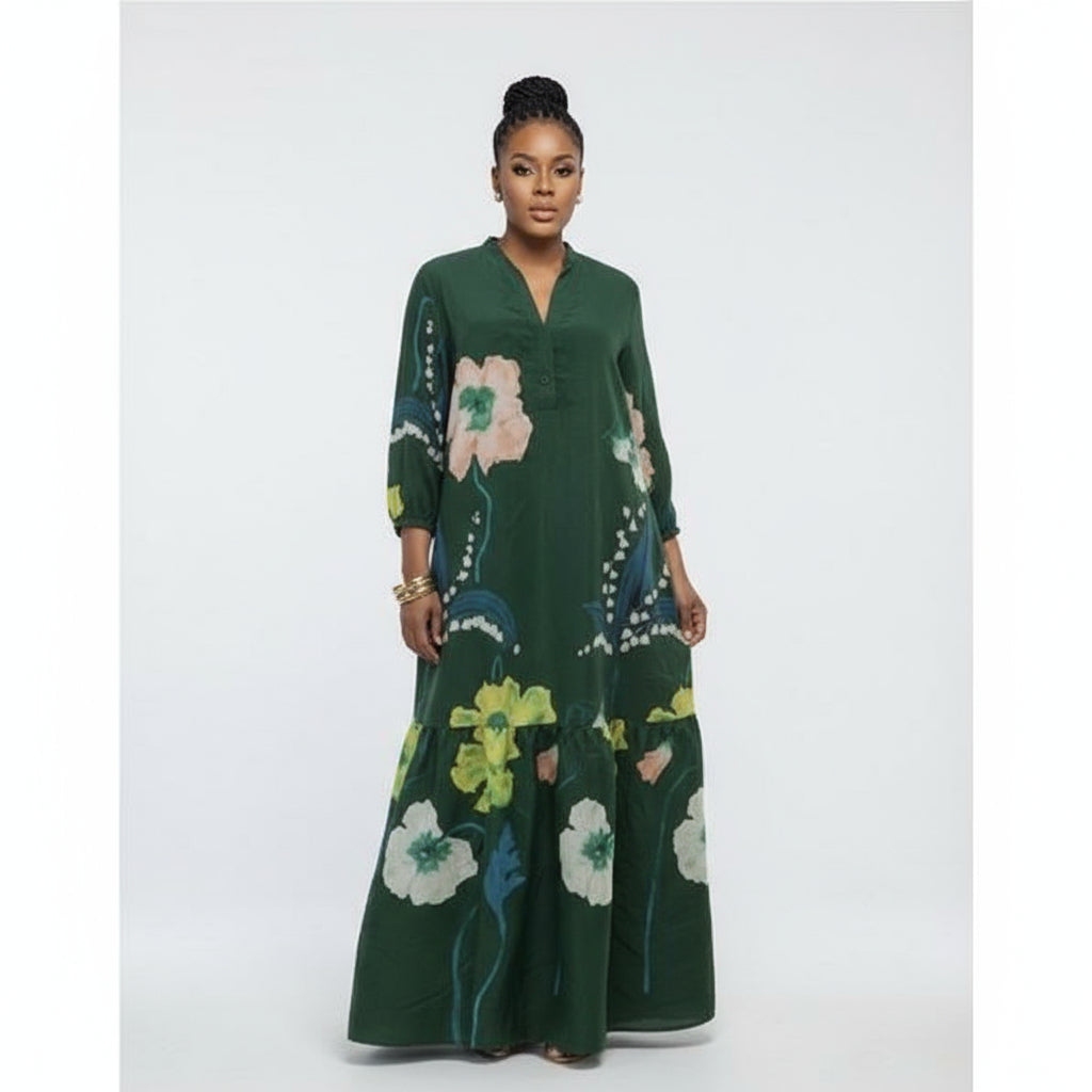 Long Sleeve Printing Maxi Dress.