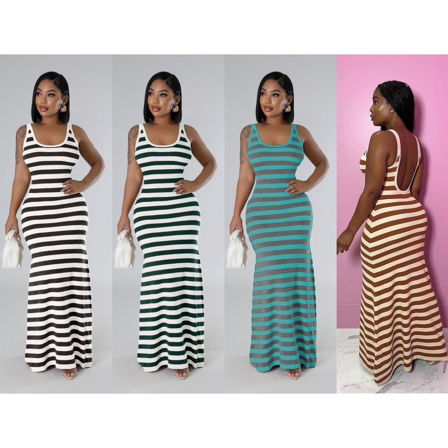 Striped Print Sleeveless Long Bodycon Dress.