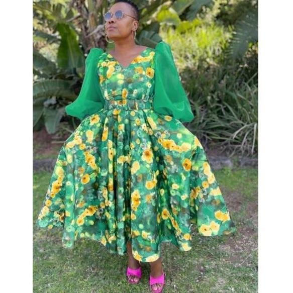 Lace Sleeve Floral Pleated Midi Dress