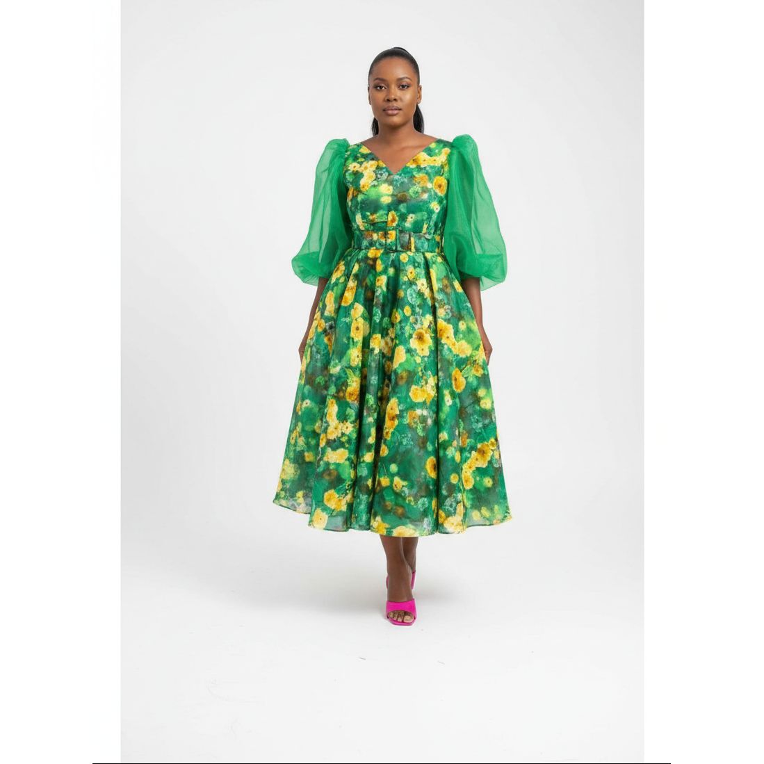 Lace Sleeve Floral Pleated Midi Dress