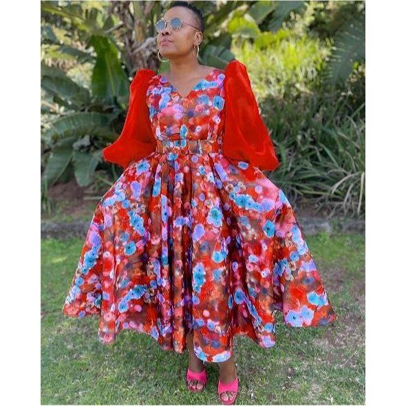 Lace Sleeve Floral Pleated Midi Dress