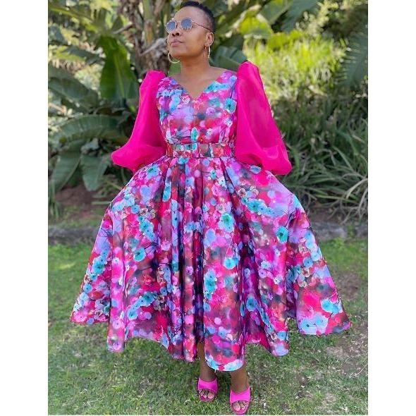 Lace Sleeve Floral Pleated Midi Dress