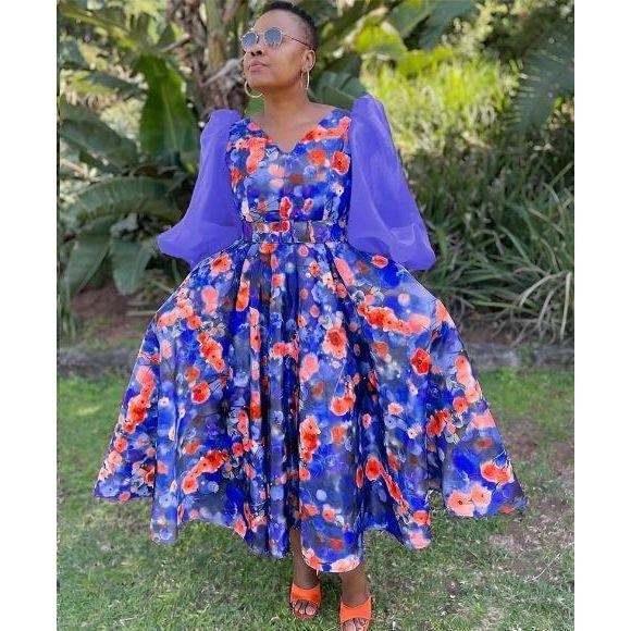 Lace Sleeve Floral Pleated Midi Dress