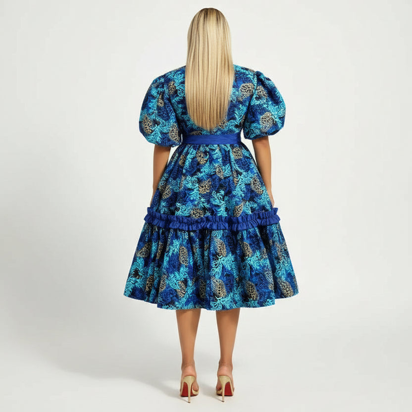 Plus Size Puff Sleeve Midi Square Neck Bow Belt Dress