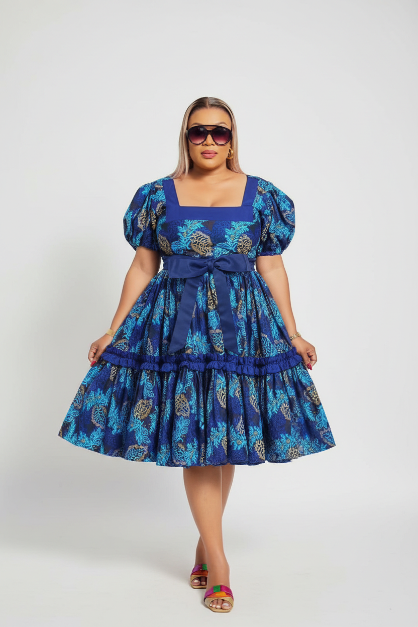 Plus Size Puff Sleeve Midi Square Neck Bow Belt Dress