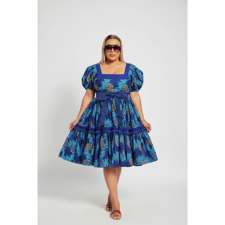 Plus Size Puff Sleeve Midi Square Neck Bow Belt Dress