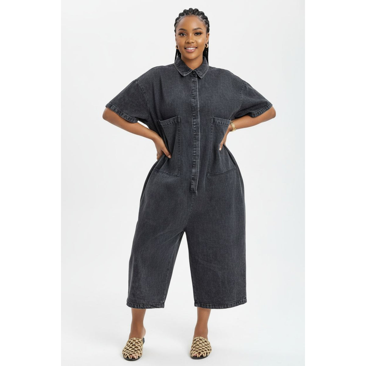 Plus Size Denim Midi Short Sleeve with Big Pockets Jumpsuit