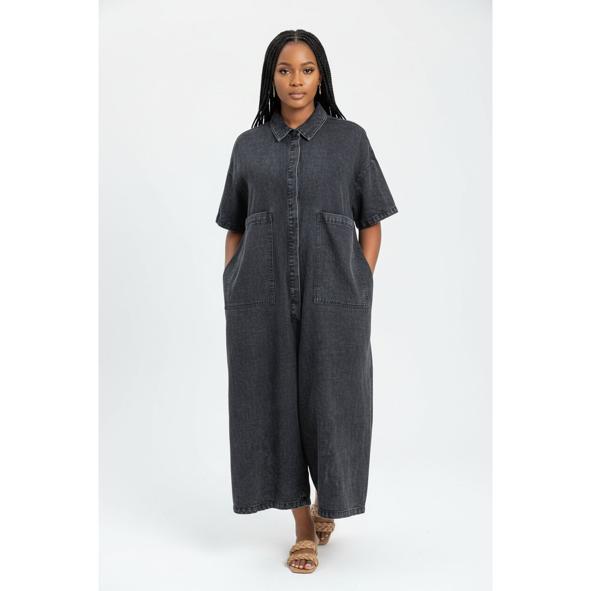 Plus Size Denim Midi Short Sleeve with Big Pockets Jumpsuit