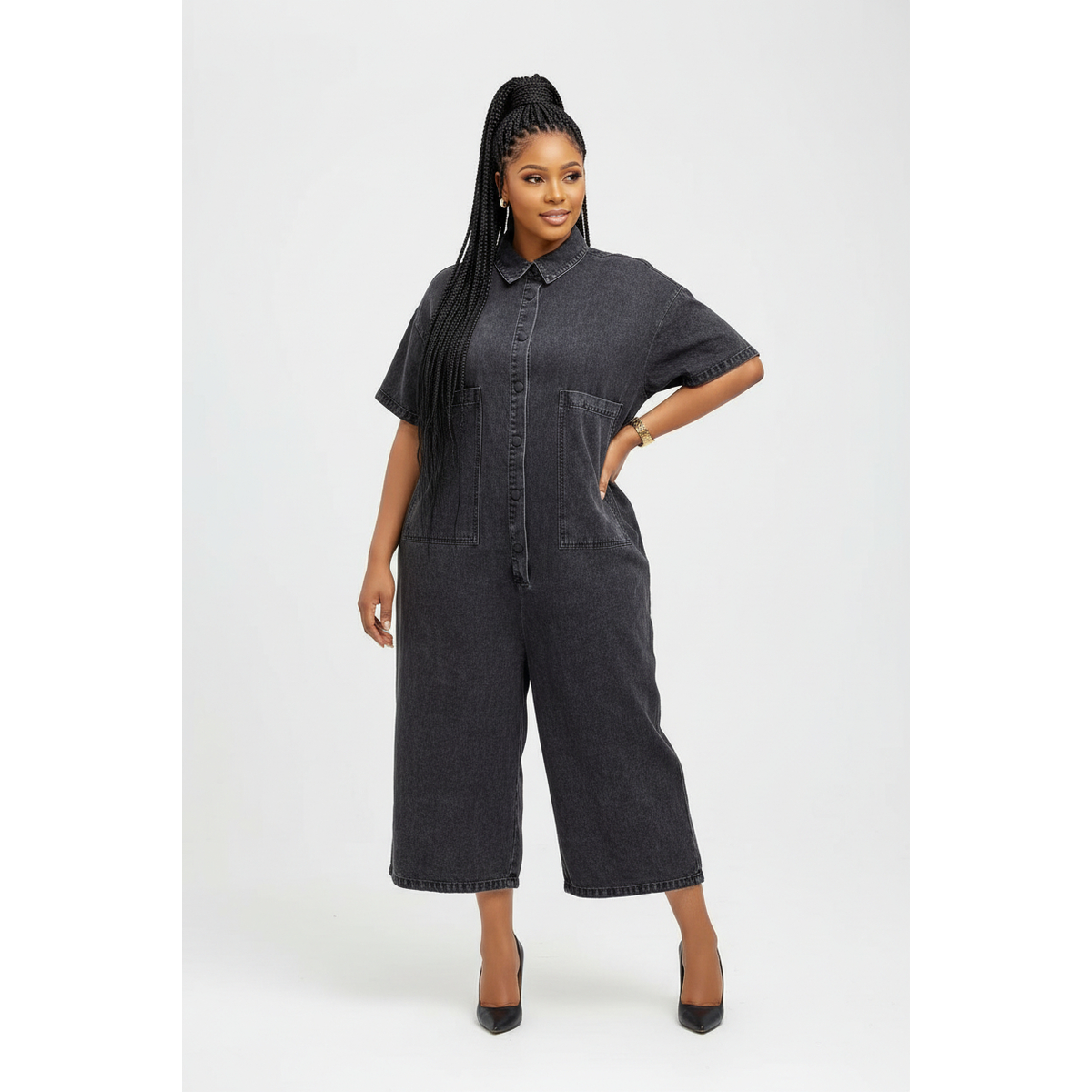 Plus Size Denim Midi Short Sleeve with Big Pockets Jumpsuit