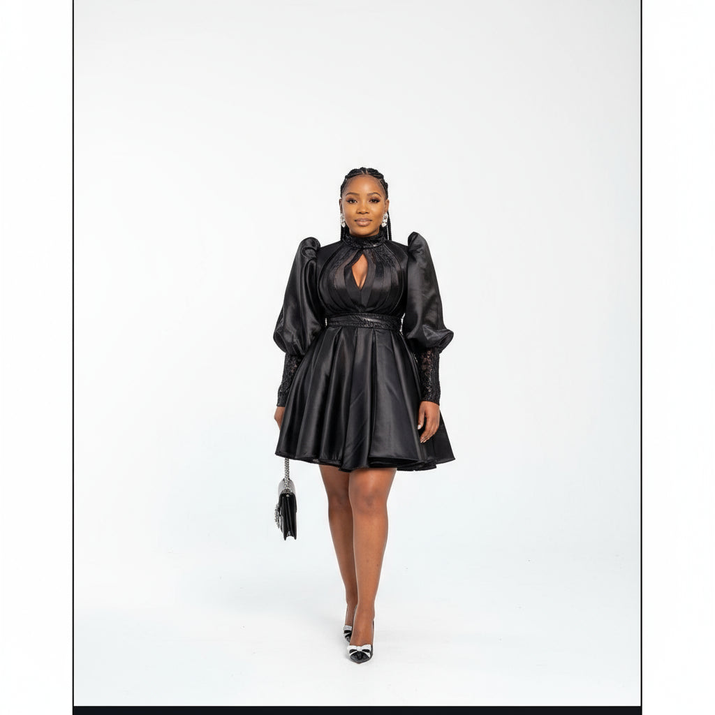 Pleated And Fluffy Sleeves Mini Dress.