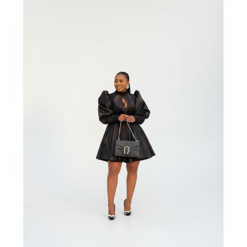 Pleated And Fluffy Sleeves Mini Dress.