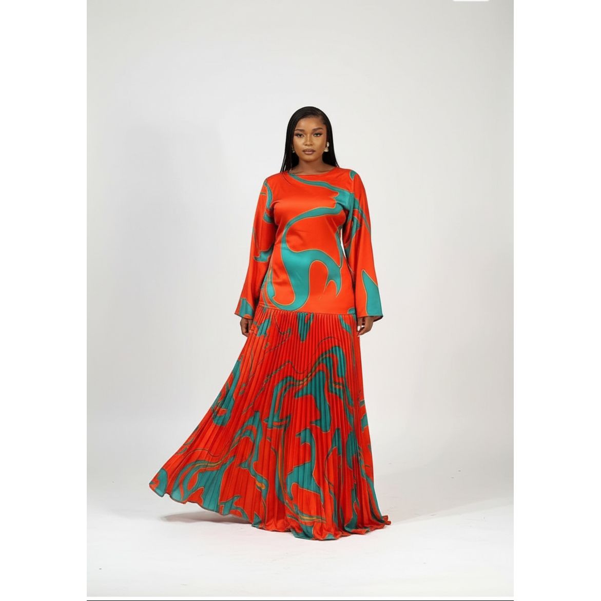 Satin Orange Marble Wave Maxi Gown
