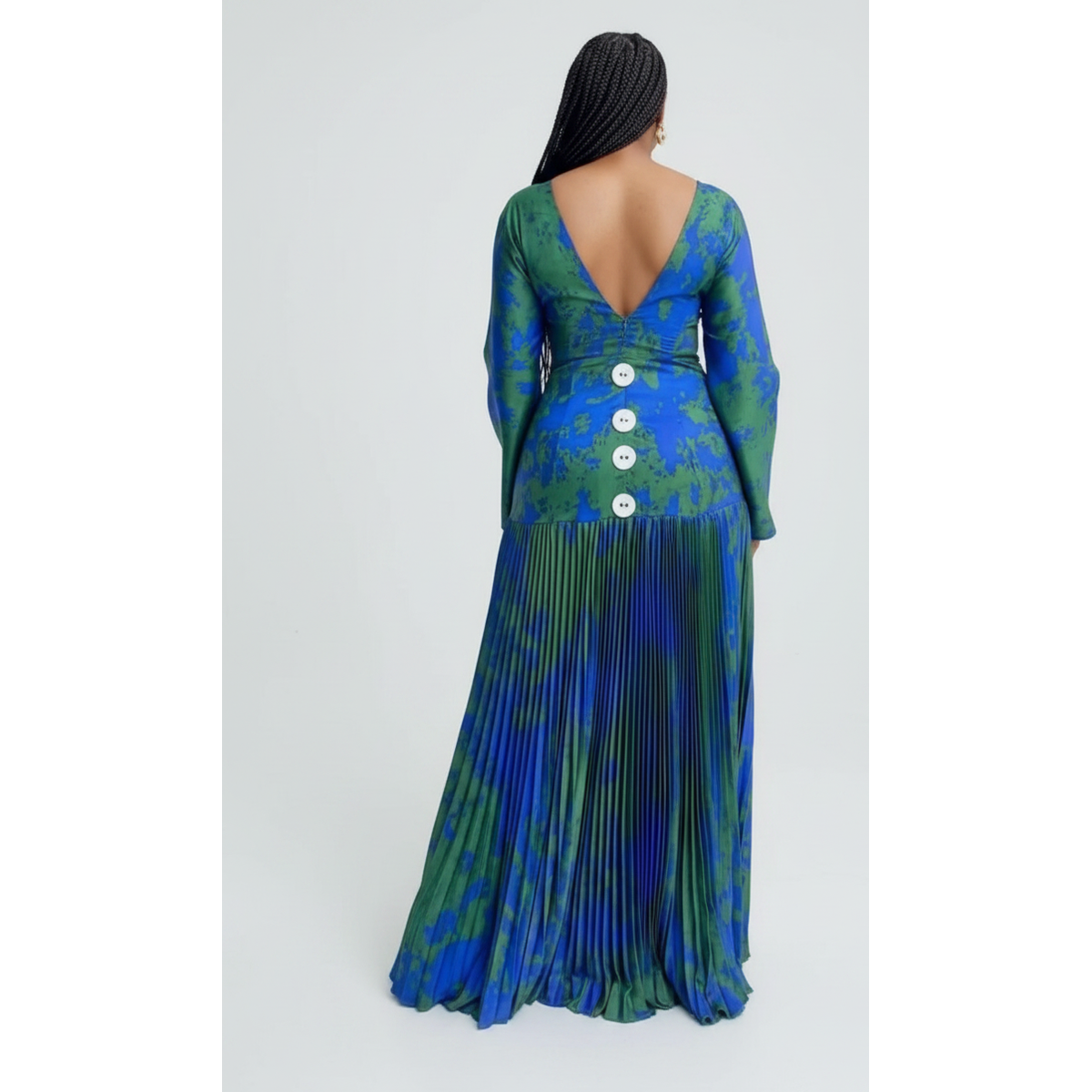 Satin Elegant Royal Blue Pleated Maxi Dress