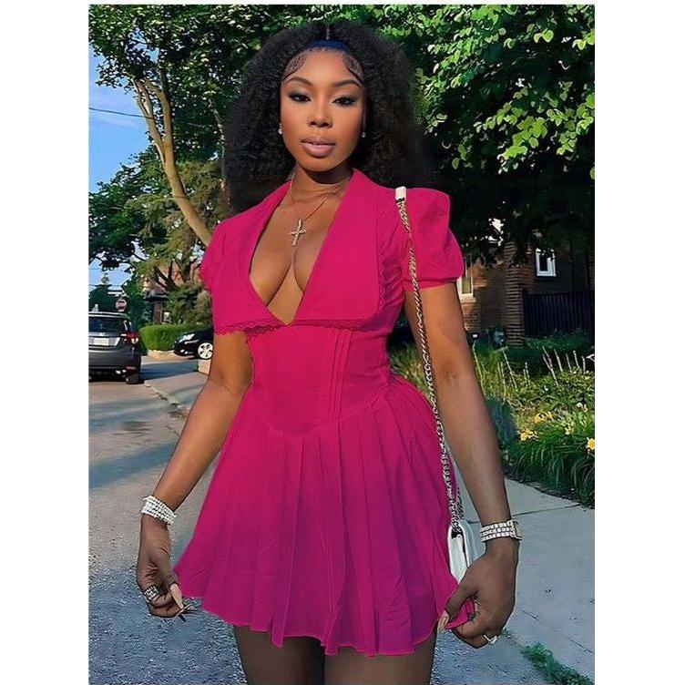 Sexy Deep V-Neck Pleated Mini Dress.