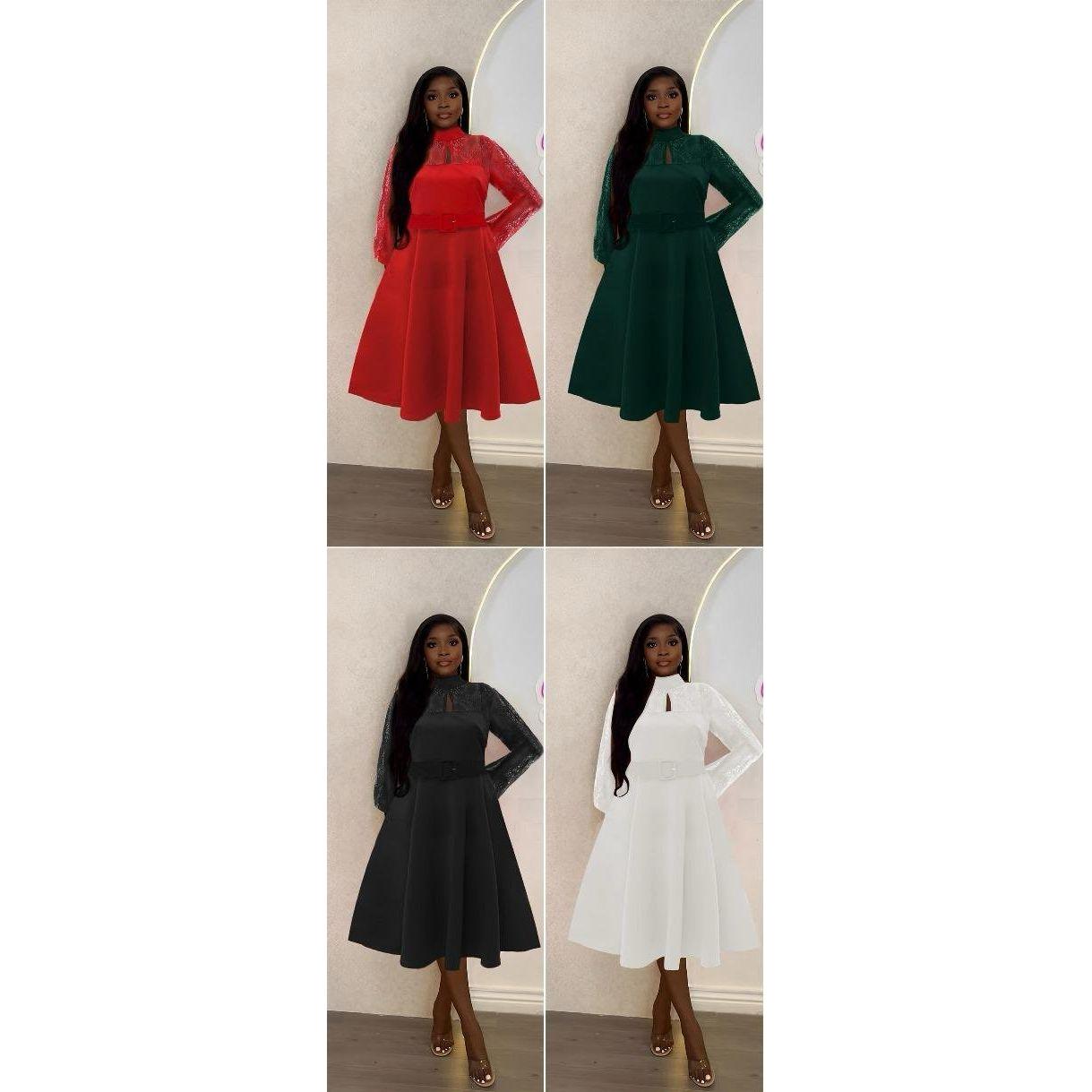 Pleated O-Neck Lace Patchwork Dress.