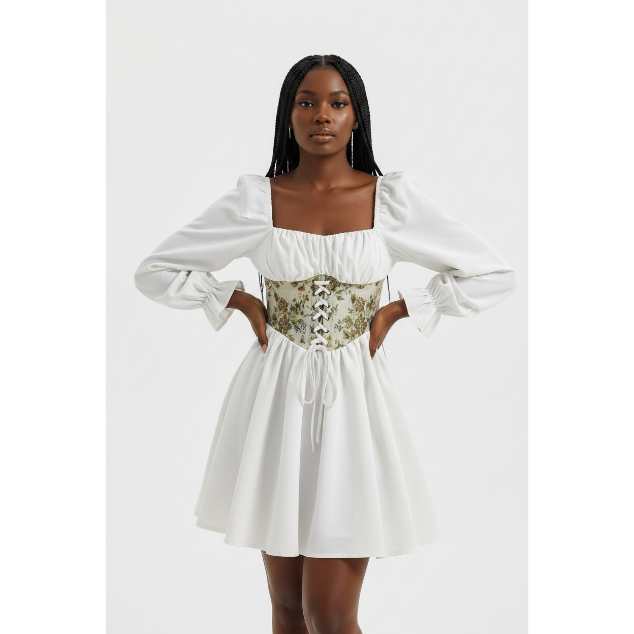 Floral Lace Up Front Frill Trim Dress.