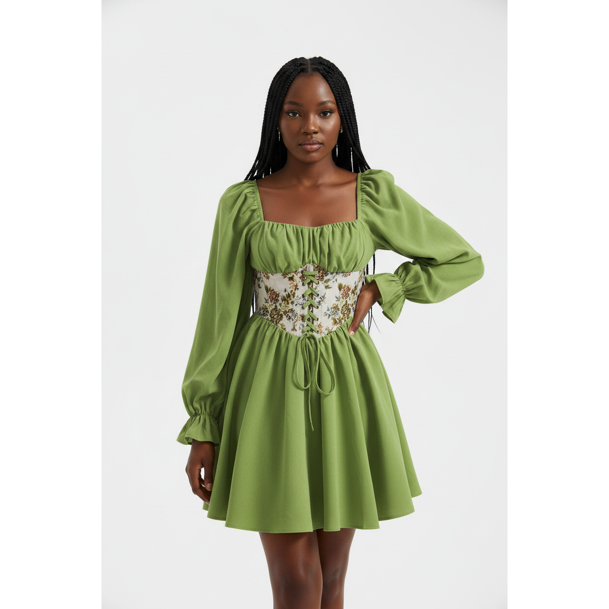 Floral Lace Up Front Frill Trim Dress.