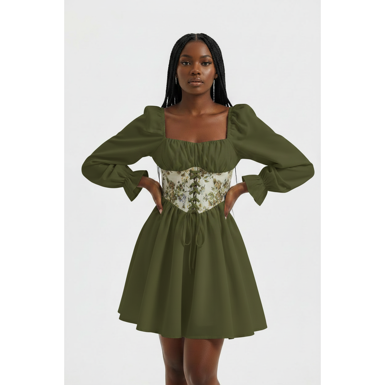 Floral Lace Up Front Frill Trim Dress.