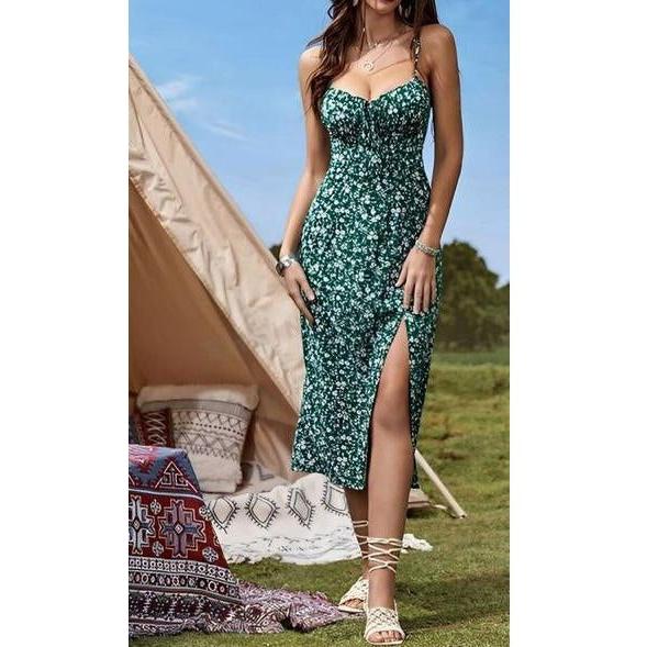 Floral Print Strap Shoulder Slit Midi Dress