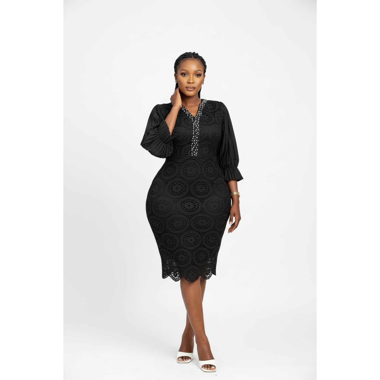 V-Neck Puff Sleeve Cocktail Bodycon Dress
