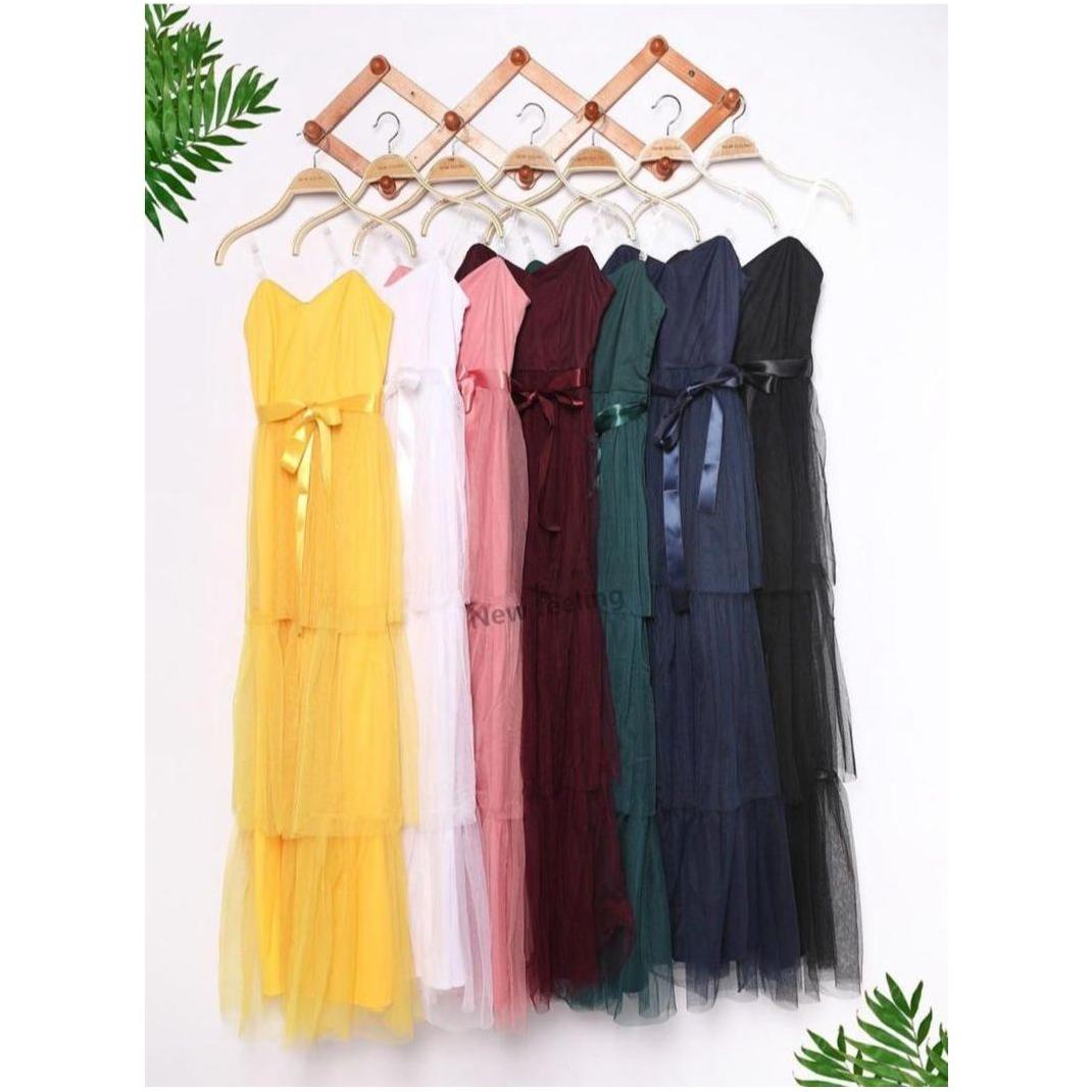 Elastic waist off-shoulder Mesh ruffle maxi dress.