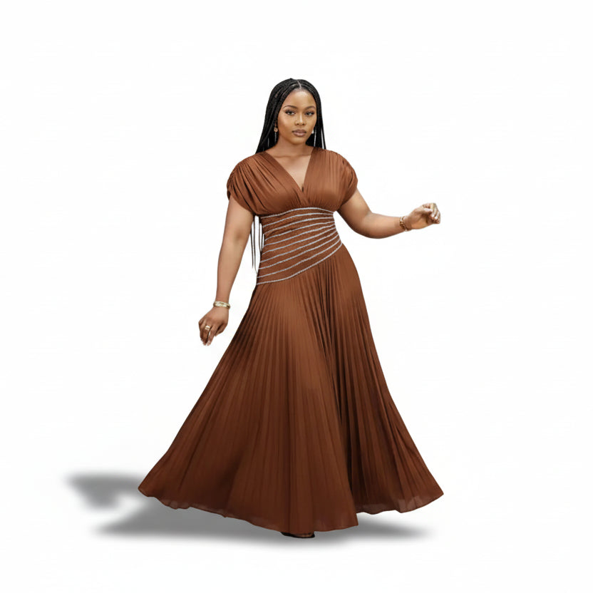 V-Neck Short Sleeve Solid Color Rayon Blend Fitted Maxi Dress