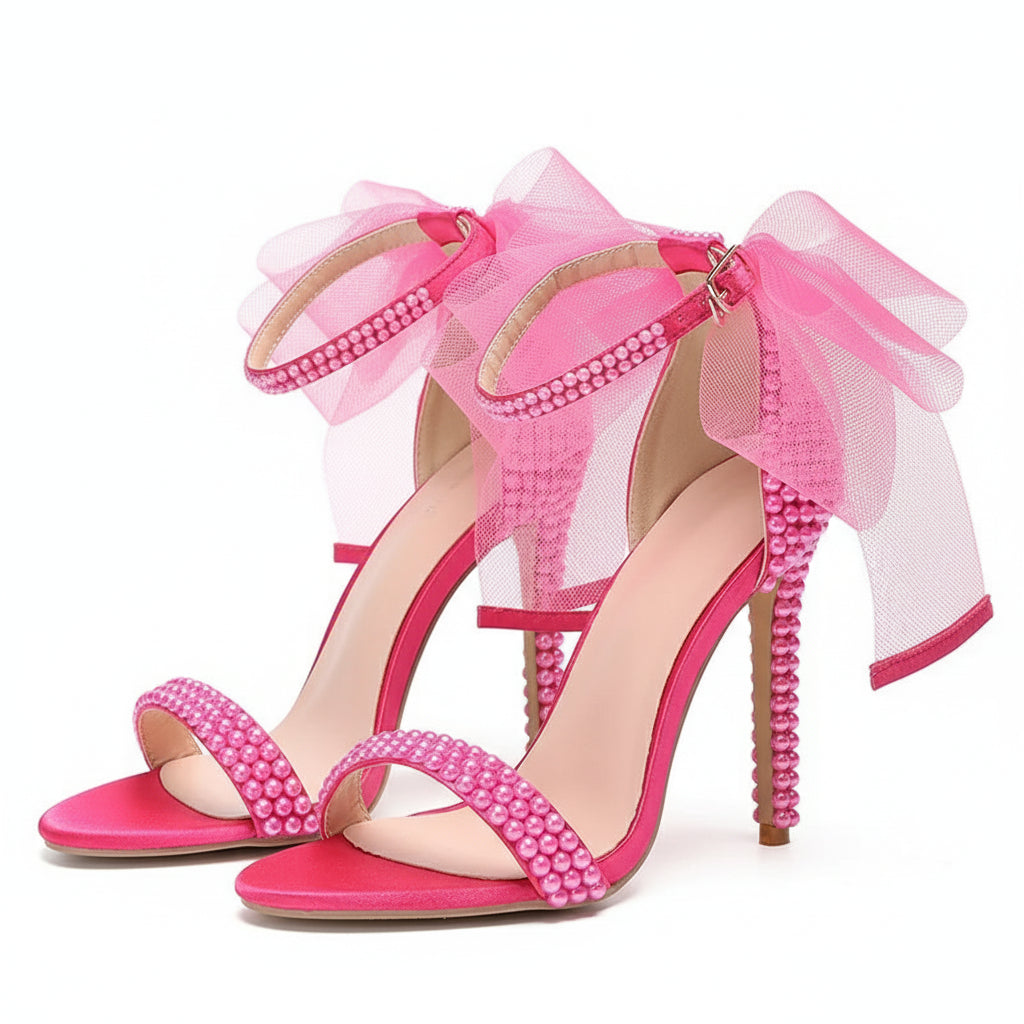 Embellished Ankle Strap Pearl Mesh Bow Heels