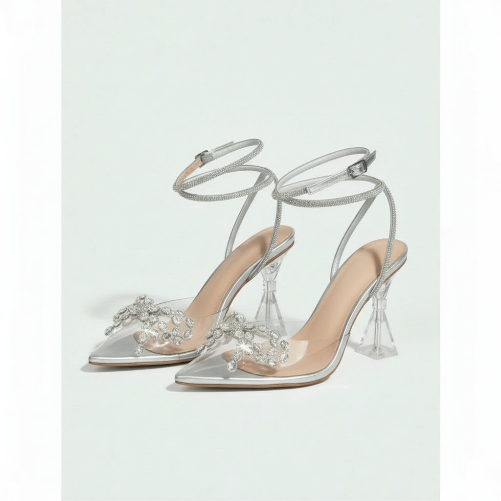 Rhinestone Decor Point Toe Sculptural Heeled Pumps