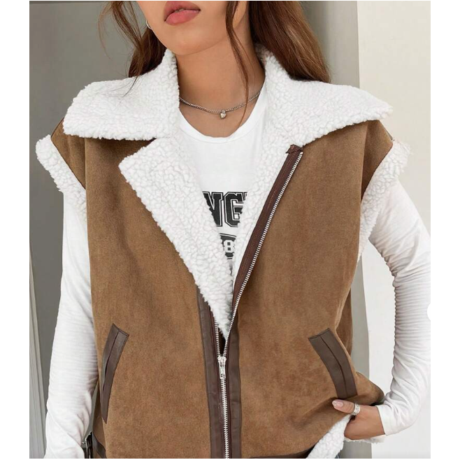 Solid Color Teddy Lined Zip Up Vest Jacket