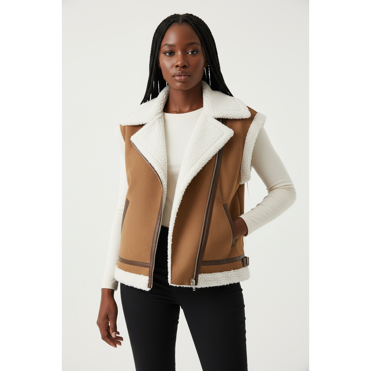 Solid Color Teddy Lined Zip Up Vest Jacket