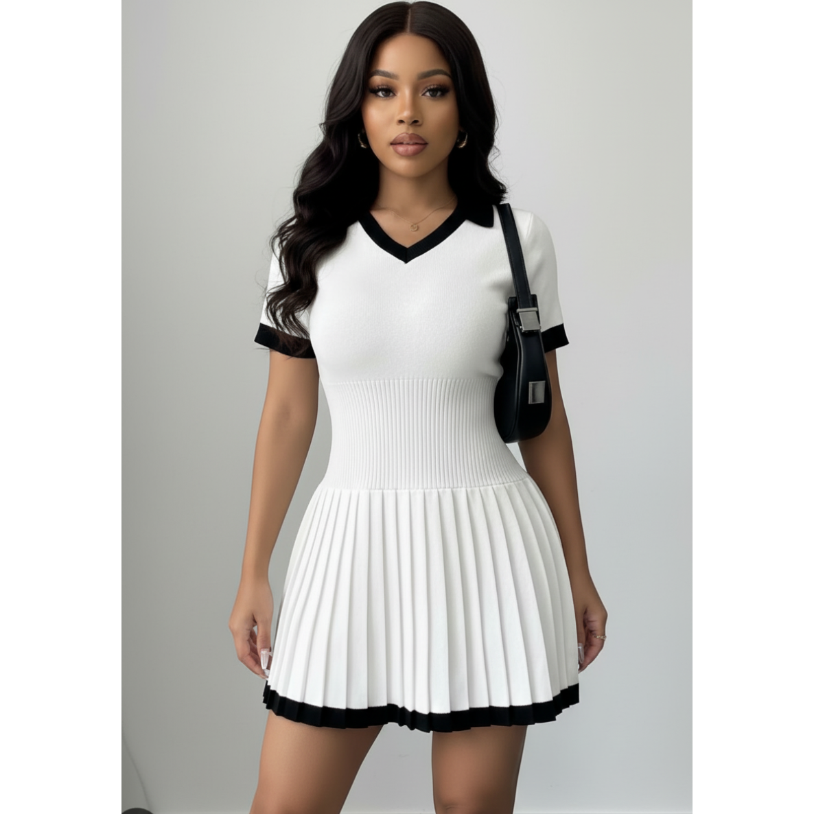 Drop V-Neck Pleated Sweater Mini Dress