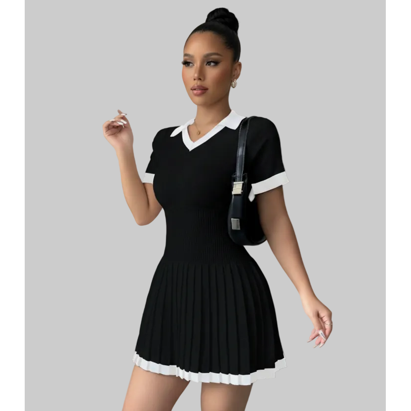 Drop V-Neck Pleated Sweater Mini Dress