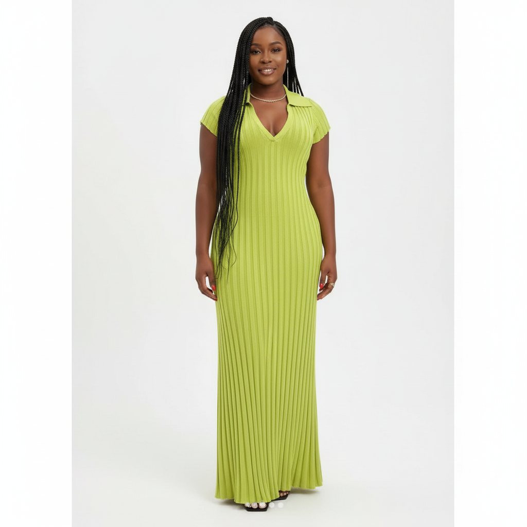 Long Sleeve V Neck Pleated Bodycon Knit Ribbed Maxi Dress