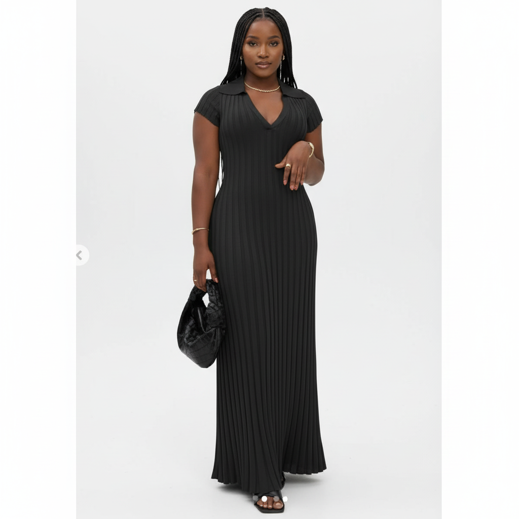 Long Sleeve V Neck Pleated Bodycon Knit Ribbed Maxi Dress