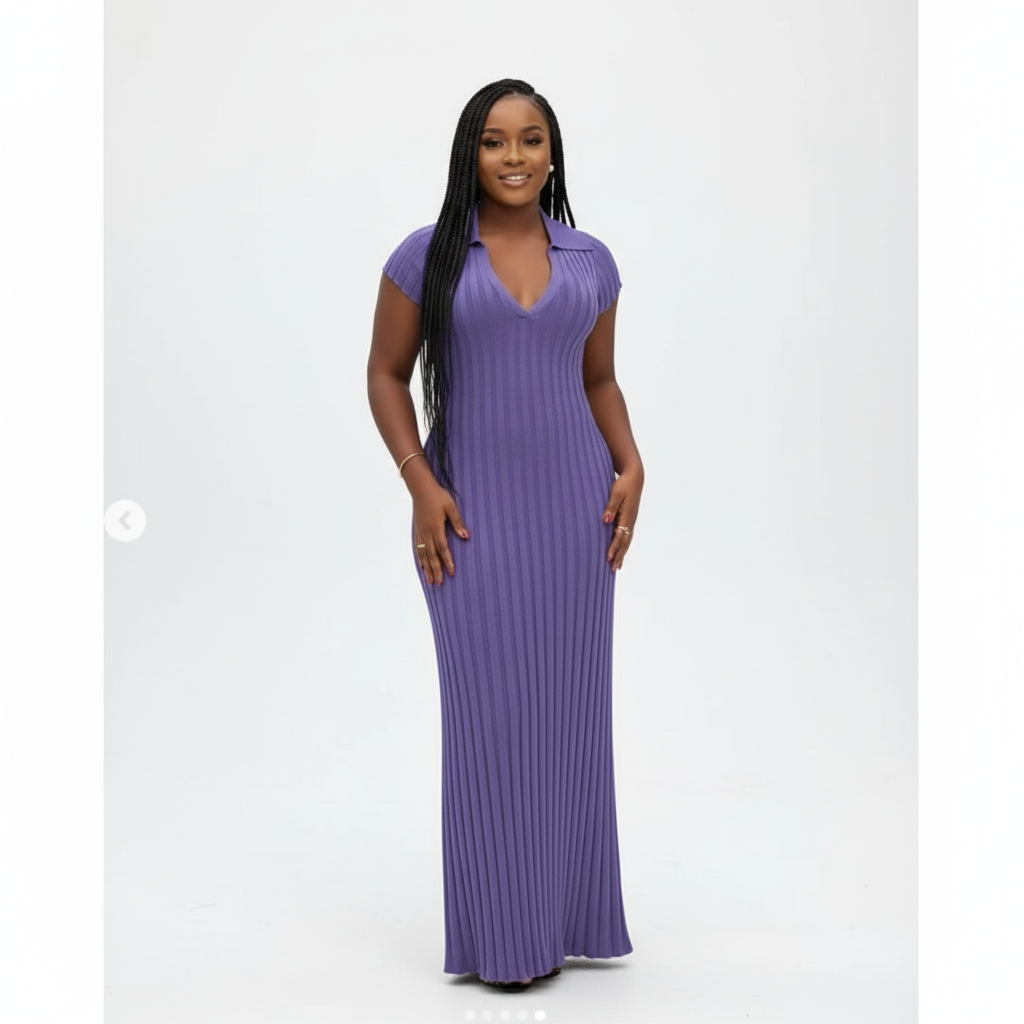 Long Sleeve V Neck Pleated Bodycon Knit Ribbed Maxi Dress