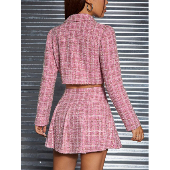 Double Breasted Crop Tweed Blazer & Pleated Short Skirt