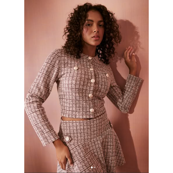 Double Breasted Crop Tweed Blazer & Pleated Short Skirt