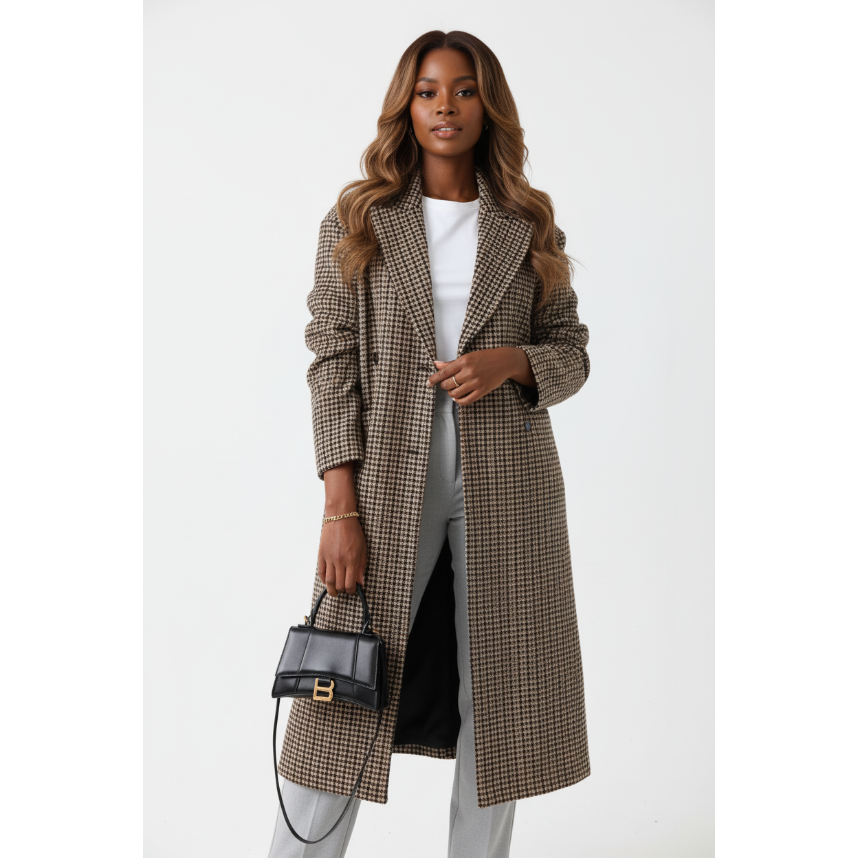 Street Plaid Solid Patchwork Buckle Turndown Collar Outerwear
