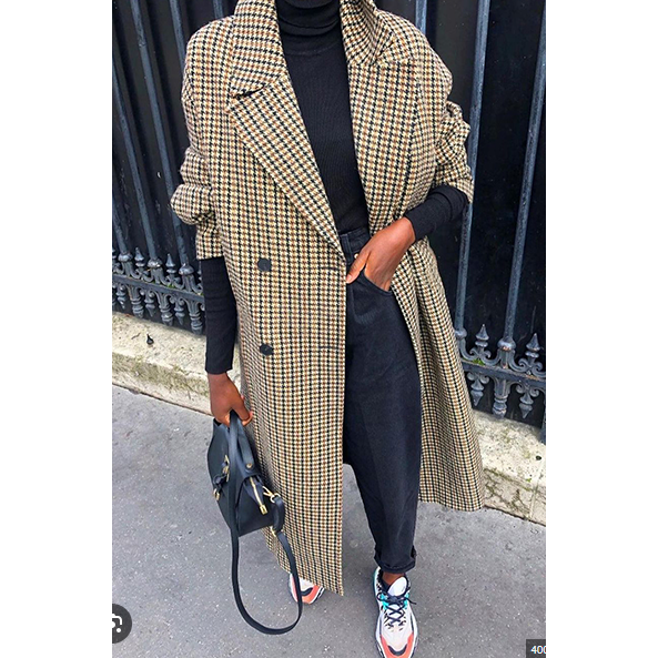 Street Plaid Solid Patchwork Buckle Turndown Collar Outerwear