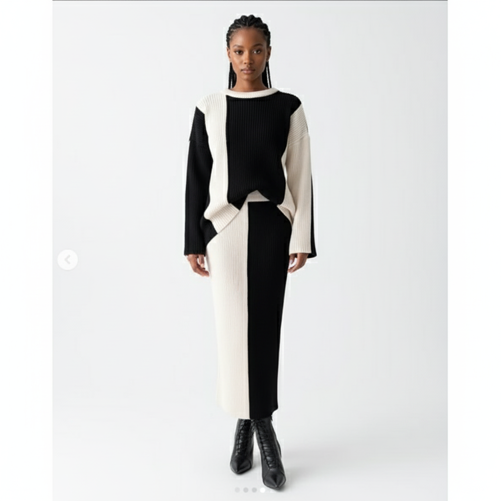2 Tone Turtleneck Drop Shoulder Sweater & Knit Midi Skirt