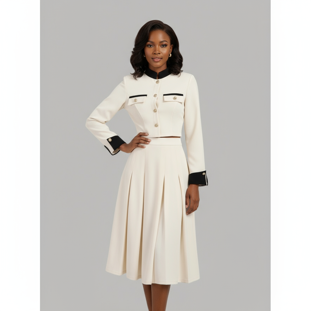 Vintage Contrast Collar Blouse & Cuffs Pleated Maxi  Skirt Suit Set